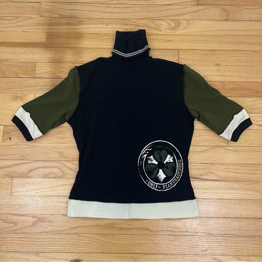 Pianura Studio Women’s Short Sleeve Blck Green Top Blouse Wool Blend EU 46 USA L